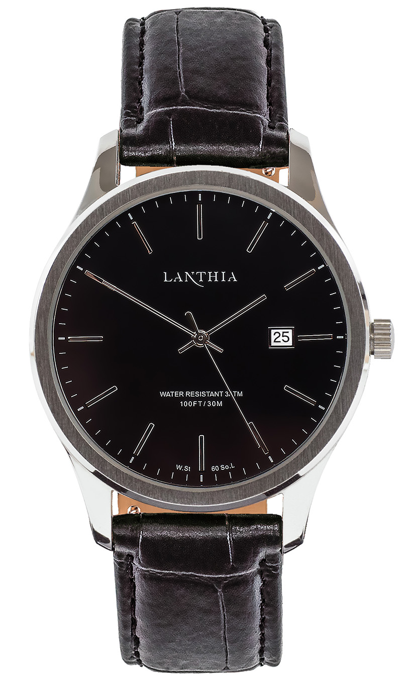 Oligastra 003-1948Black, Stainless steel with black leather strap